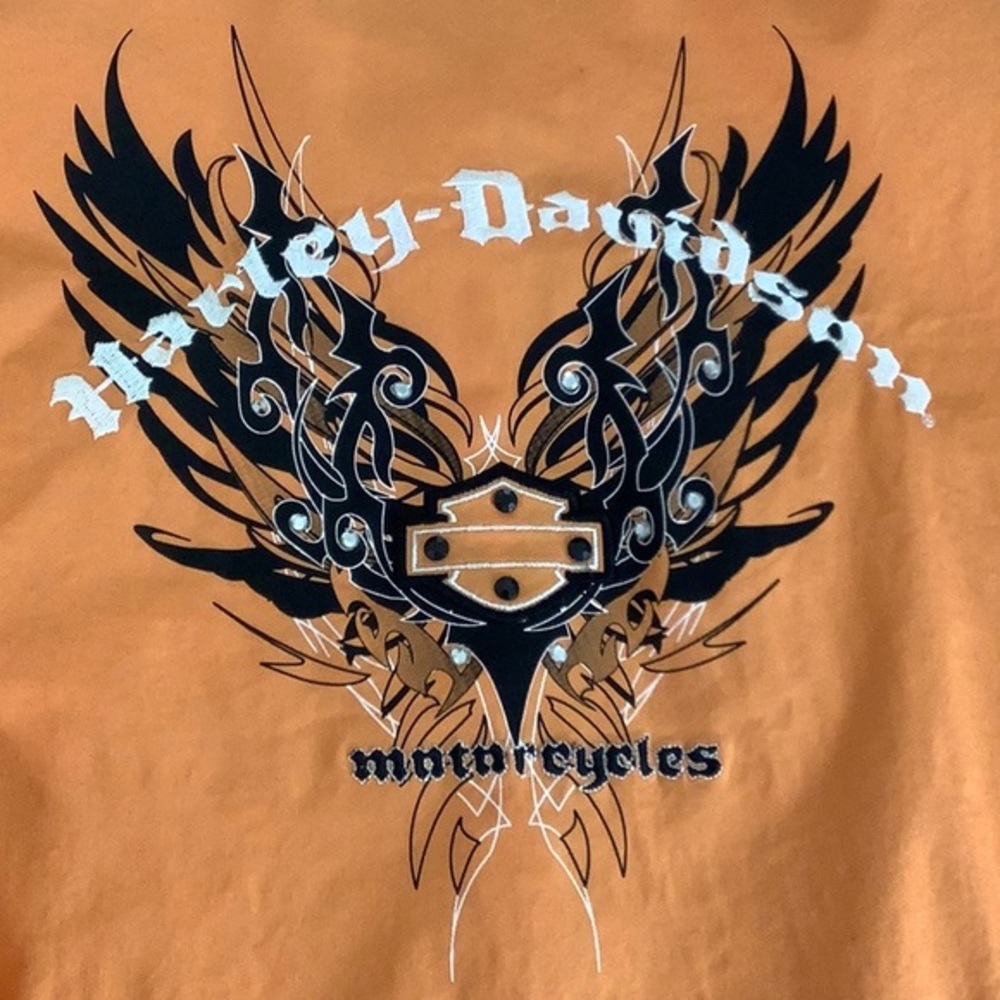 Harley Davidson embellished Eagle S/S button down orange shirt size large EUC - Picture 9 of 11